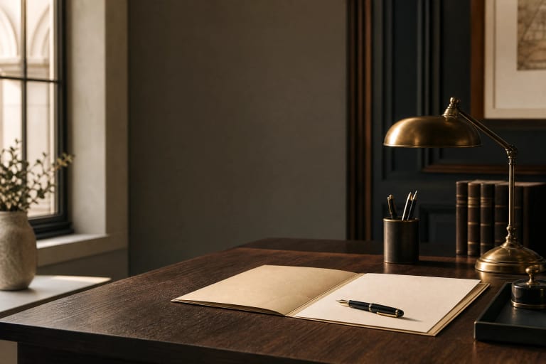 Estate-planning documents arranged on a warm desk